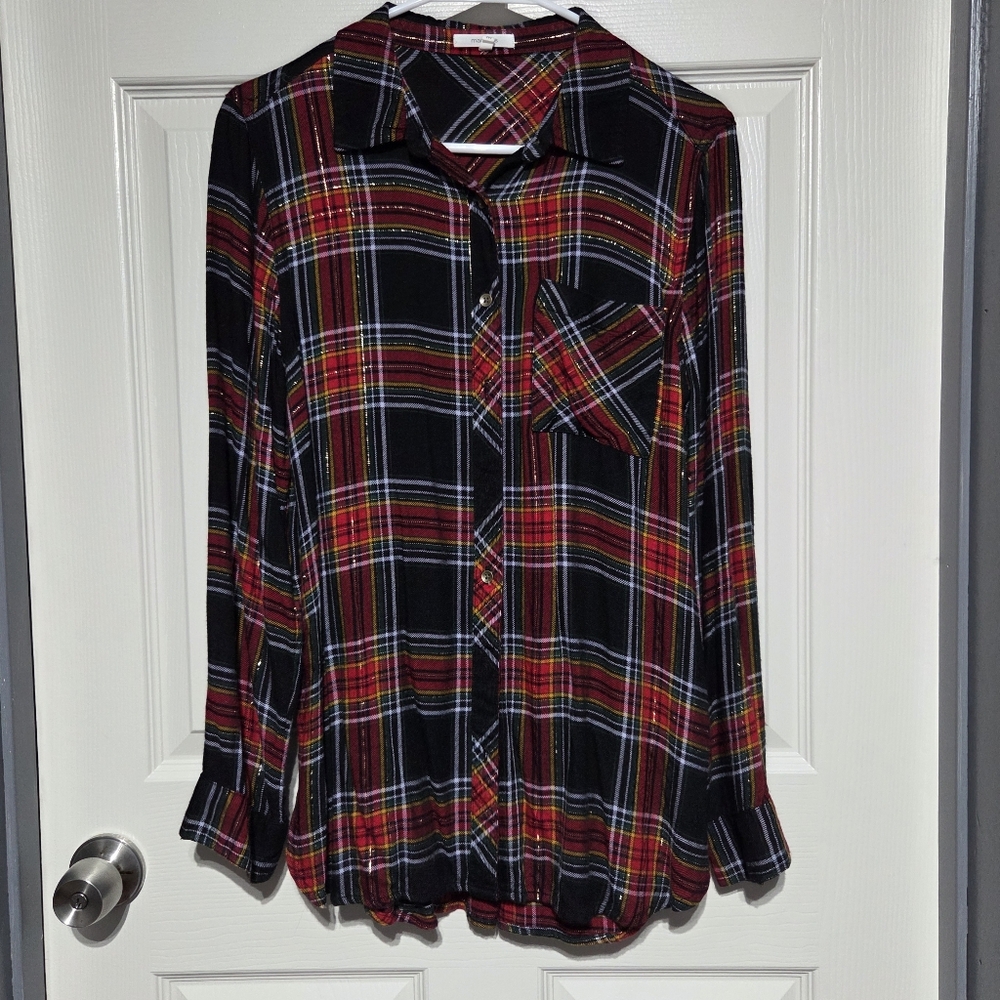 New Maurice Medium Plaid Long Shirt Festive Red N Black Holiday Christmas